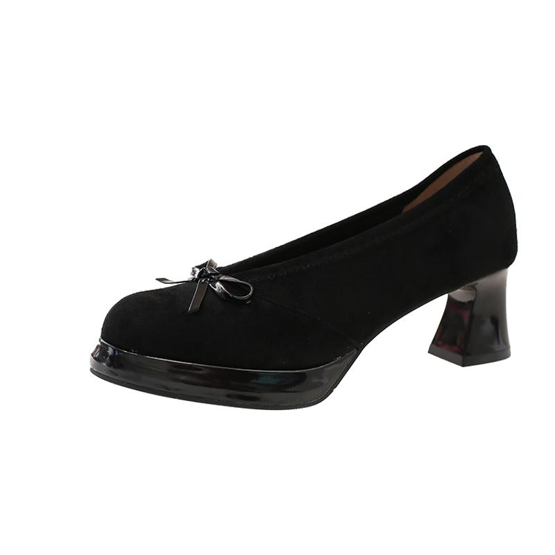 Мода 2025 Новые туфли-лодочки на высоком каблуке с замшей и бантом, одинарные туфли слипоны, легкая повседневная женская обувь, стильная и удобная