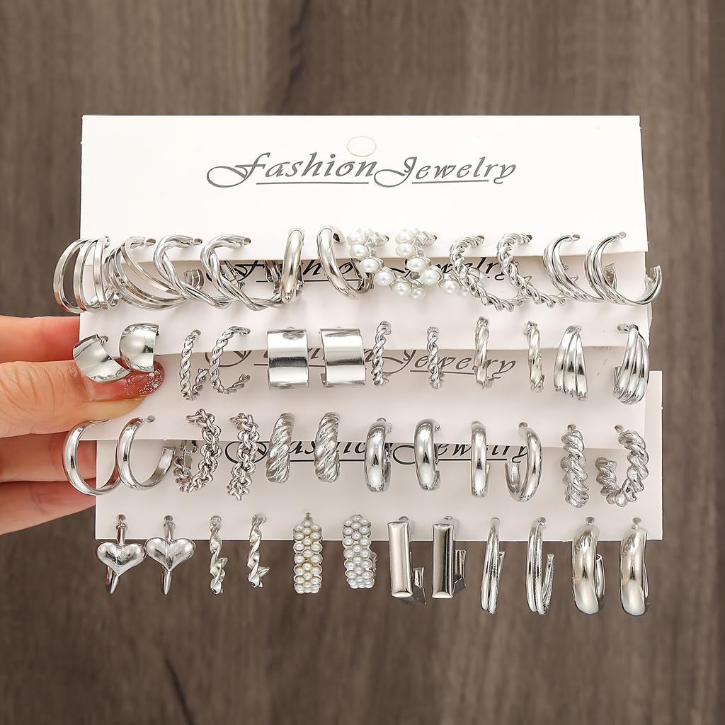 Подарочный набор из 24 пар модных ювелирных украшений, креативный простой геометрический комплект серег-колец с искусственным жемчугом, минималистичные серьги-гвоздики и серьги-кольца