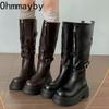 Winter Vintage Platform Thick Sole Woman Knee High Boots Fashion Belt Buckle Front Zipper Shoes Ladies Slim Knight Long Botas