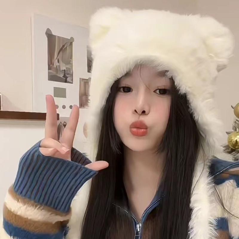 Зимняя теплая плюшевая шапка для женщин, забавная шапка с медвежьими ушками, шапка-капюшон, шапка-череп, шапка для активного отдыха на открытом воздухе, ветрозащитный головной убор, шапка-пуловер