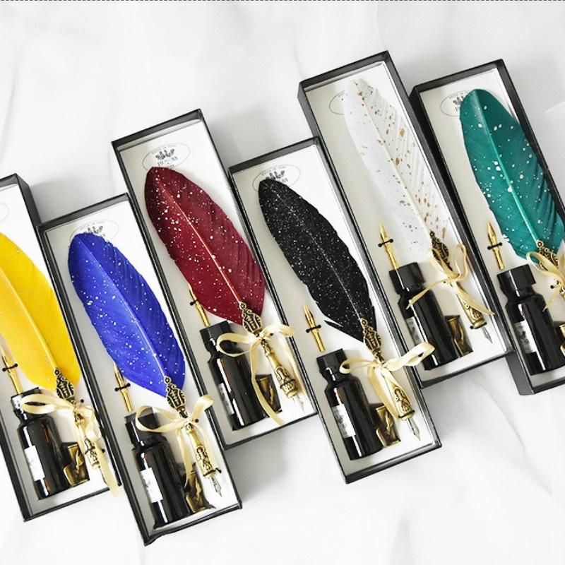 Retro Feather Pen Goose Feather Pen Ink Pen Dip Water Metal Fountain Pen Set Birthday Gift Box School Supplies Stationery