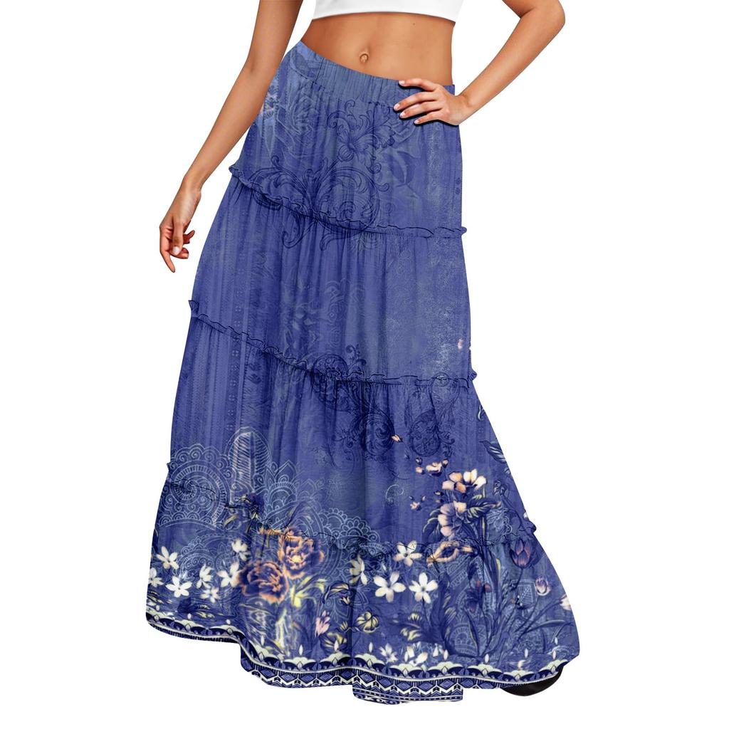 Women's Printed Elastic Waist Loose Hem Long Skirt