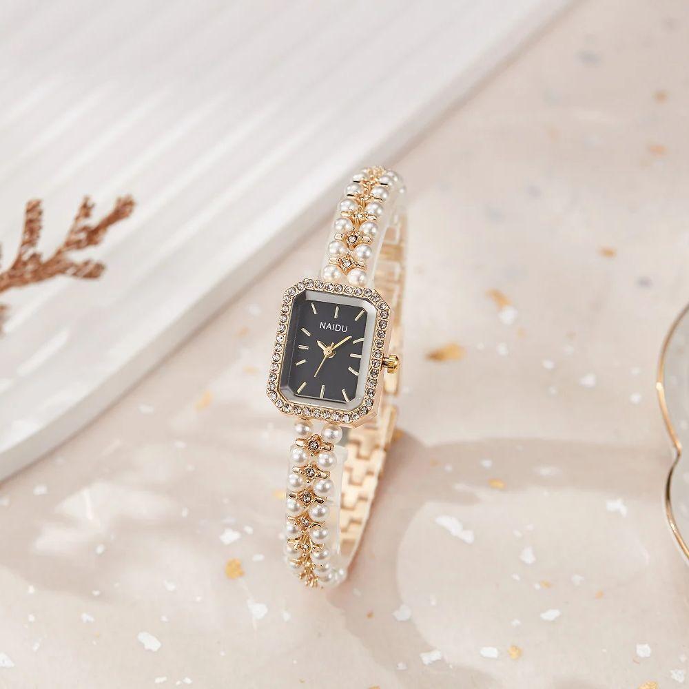 Модные Роскошные Женские Наручные Часы Стразы Квадратный Циферблат Ремешок из Имитации Белого Жемчуга Водонепроницаемые Женские Кварцевые Часы Reloj