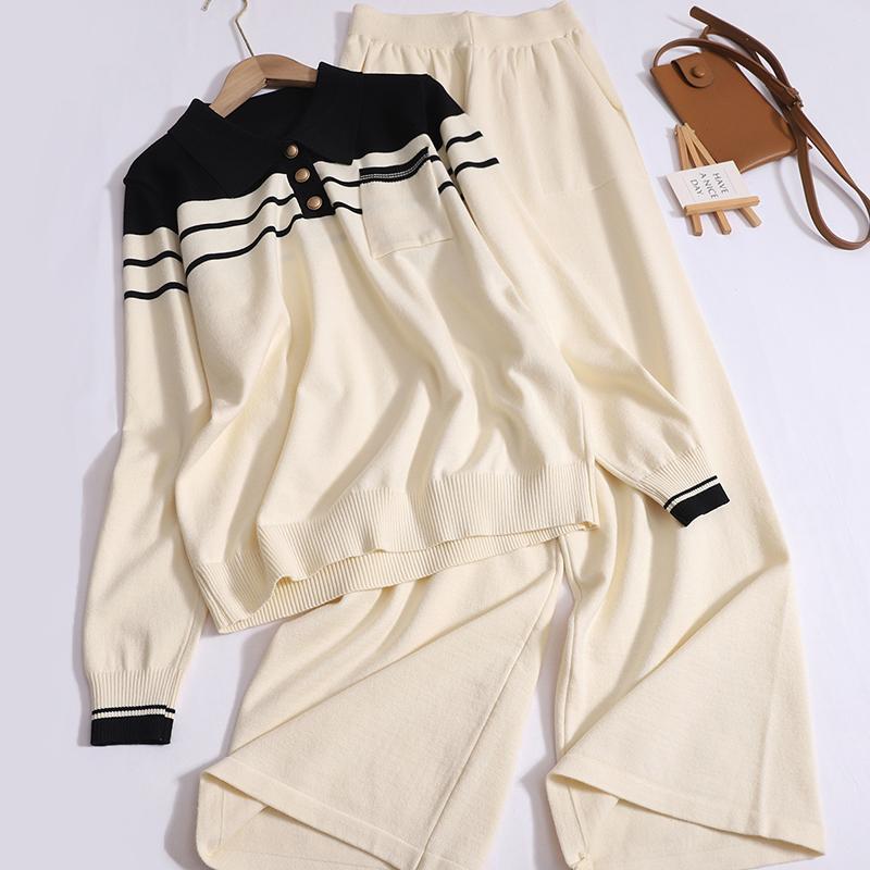 Женский повседневный осенний комплект из двух предметов, свободный контрастный цвет, отложной воротник, длинный рукав, широкие брюки с карманами, трикотажный костюм