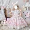Sweet Lolita Style Square Collar Cat Printing Designer Dress Bow Sleeveless Lace Ruffles Lace Girly Camisole Dress