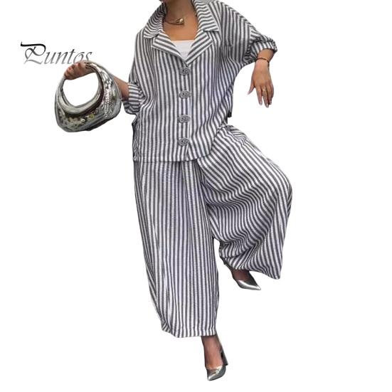 Women's Casual Suit Long-Sleeved Shirt Top Wide-Leg Harem Pant 2-piece Set Autumn Lapel Striped Nine-Point Pant Female Outfit Suit