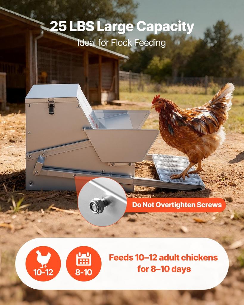 Automatic Chicken Feeder, 11.34 kg Capacity, Rainproof Treadle Poultry Feeder with Lockable Lid, No Waste, Galvanized Steel Construction, Outdoor Use,