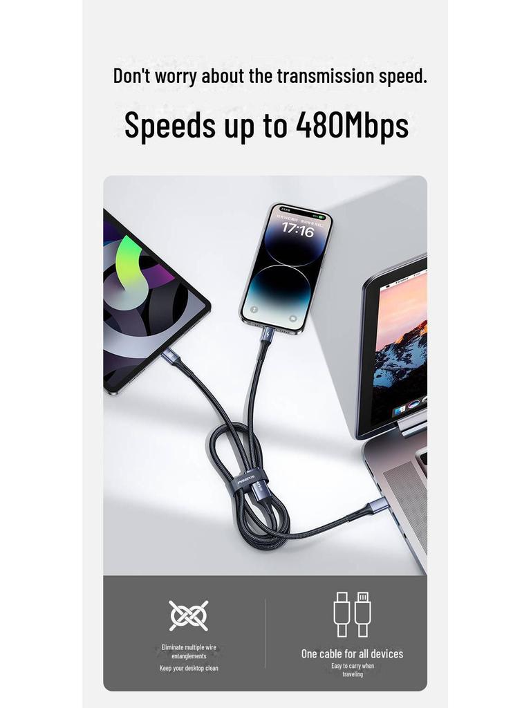 PISEN 60W Кабель для быстрой зарядки Type-C с двумя головками для Apple и Huawei