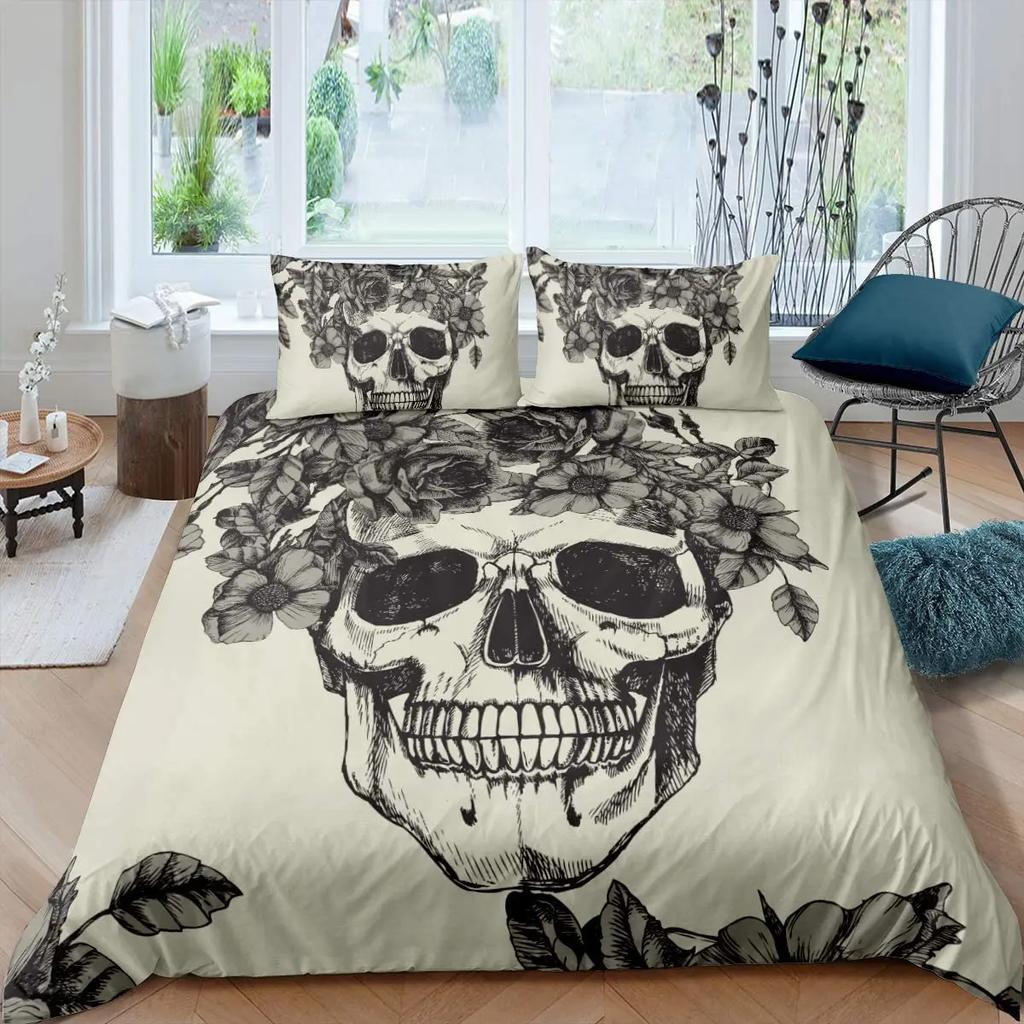Sugar Skull Bedding Comforter Cover Set Gothic Duvet Cover Twin/Full/Queen/King Set 3 Pieces Soft Microfiber Duvet Cover