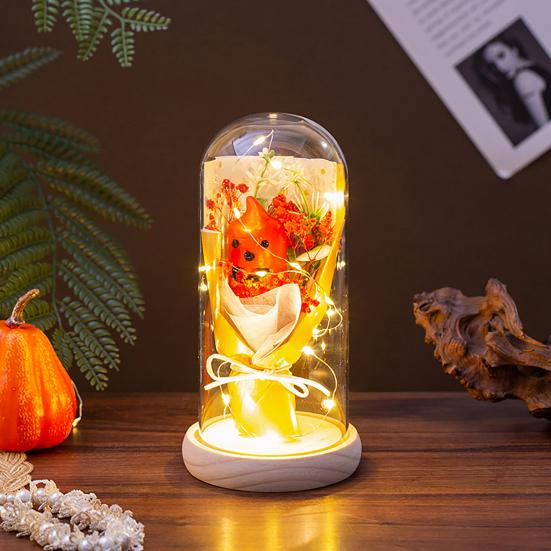 LED Clear Dome Pumpkin Night Light Halloween Pumpkin Figurine In Cloche with LED Light for Home Kitchen Mantel Tabletop Decor