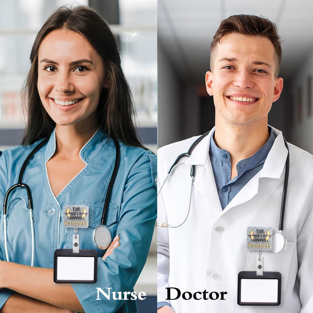 This Shift is Bananas Funny Glitter Badge Reel, Retractable Badge Holder for Nightshift Nurse Registered Nurse Doctor, Nurse Day Gift for ER EMT