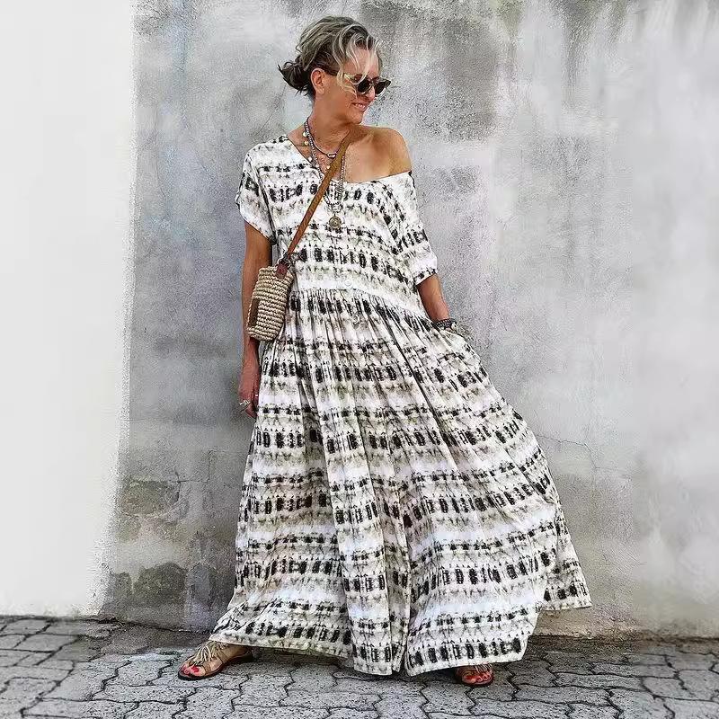 2025 весна-лето новое женское платье с короткими рукавами пляжное платье