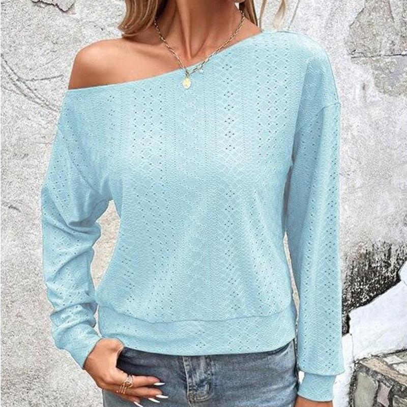 2023 Sexy Diagonal Shoulder Collar Women Blouse Casual Solid Color Autumn Long Sleeve Tops Hollow Out Loose Simple Shirts 28755