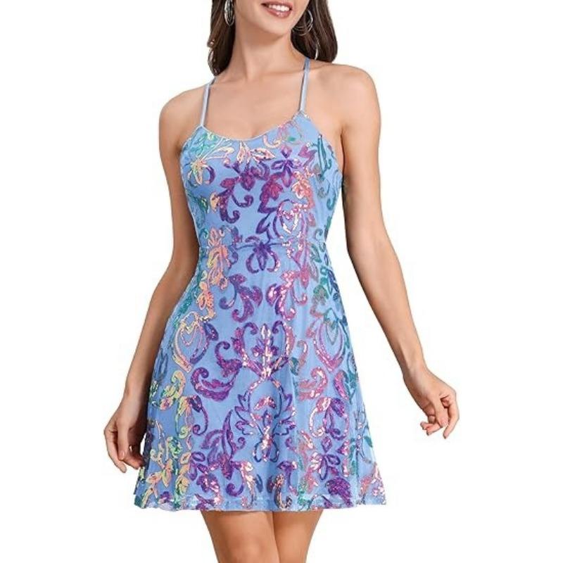 Women Sequined Loose V Neck Sleeveless Strap Cocktail Party Dress