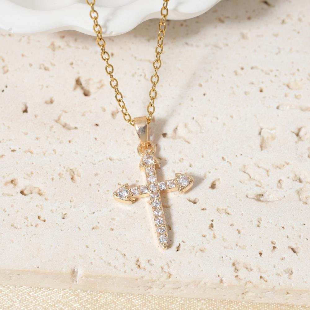 Golden Zirconia Arrow Cross Pendant Necklace, Dainty Jewelry for Women