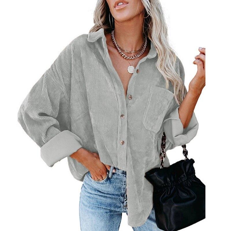 Хлопковая Повседневная вельветовая блузка женская в полоску размера плюс женская рубашка-куртка винтажная пуговица с карманом свободные модные блузки топы 17787