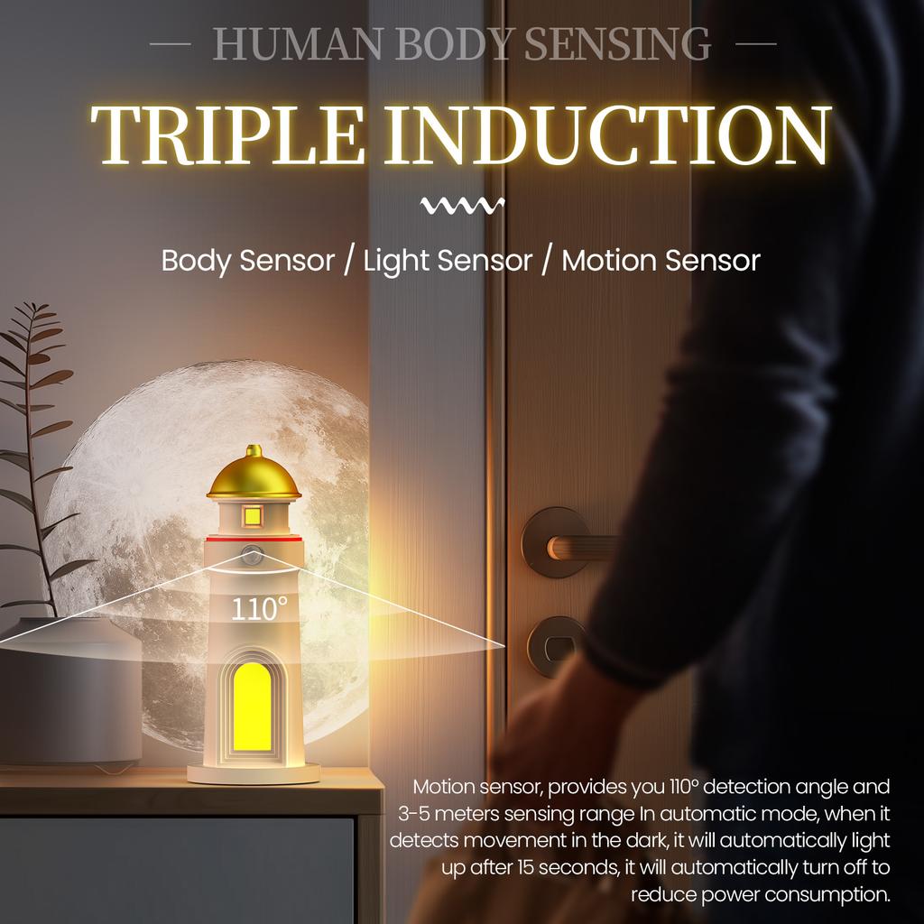 Moonlight Projection Lighthouse Night Light Motion Sensor Dimmable LED Atmosphere Lamp for Bedroom Creative Decor Christmas Gift