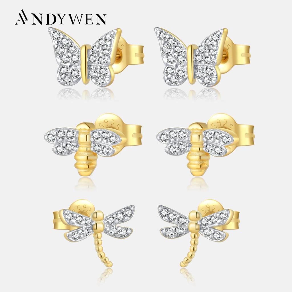 ANDYWEN Женские серьги-гвоздики из стерлингового серебра 925 пробы, золотые бабочки, стрекозы, пчелы, роскошные ювелирные изделия, 2023, свадебные украшения