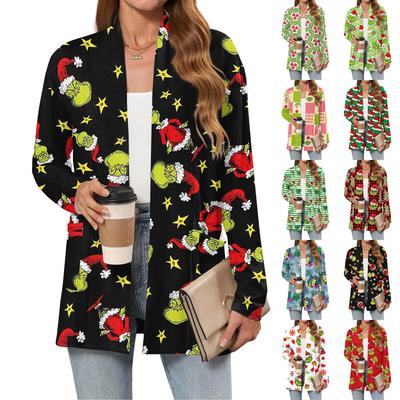 Женский рождественский кардиган с принтом, легкий, с длинными рукавами, повседневный, свободного кроя, тонкий, с карманами, куртка-кардиган