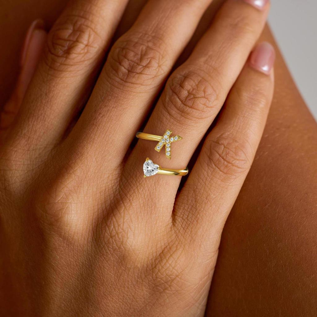 Gold Color A-Z Initial Letter Adjustable Ring for Women Girl Luxury Heart Zircon Fashion Jewelry Wedding Party Gift