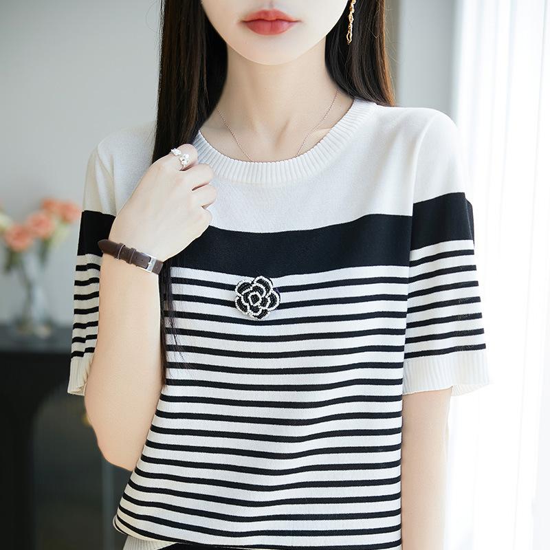 Футболка Summer Ice Silk с короткими рукавами, топ Camellia с круглым вырезом, свободная базовая рубашка с короткими рукавами