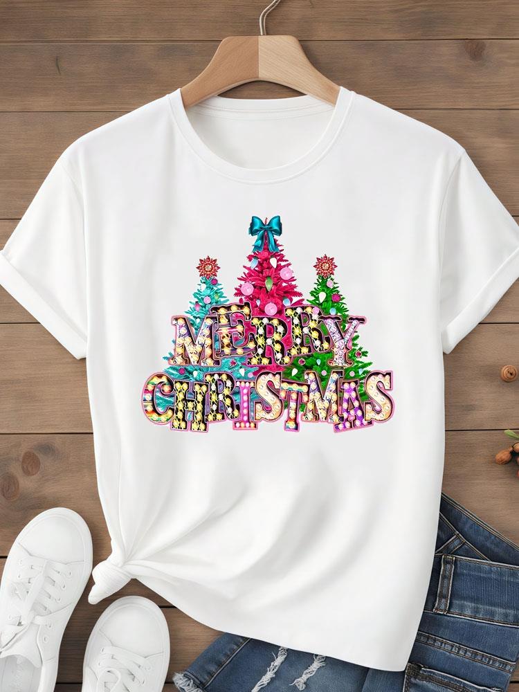 (Азиатский размер) Топ футболка фестиваль С Рождеством Новым годом Праздник Женская с надписью милый стиль Принт Леди Короткий рукав Мода Графические футболки