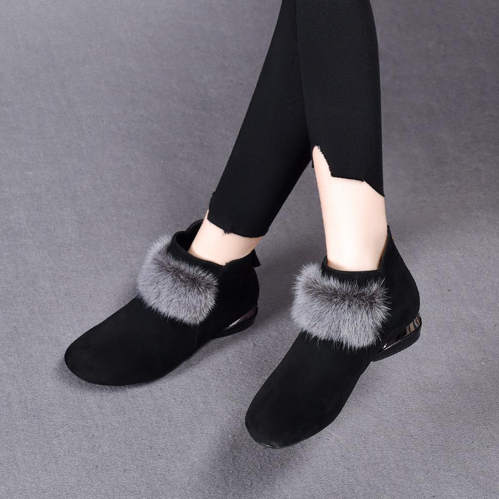 Round-headed Mink Hair Women's Short Boots Autumn and Winter New Flat-bottomed Black Sheepskin Fur Shoes Women's Shoes Velvet Leather Boots