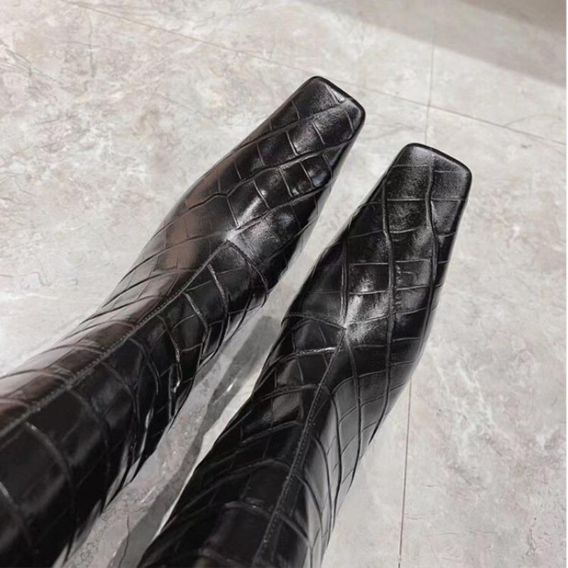 Модные сапоги до колена из коровьей кожи с каменным узором, черно-абрикосовые, женские, осенне-зимние, на низком каблуке, с квадратным носком, длинные, в стиле ретро, размеры 34-44
