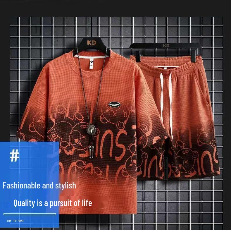 Мужской летний вафельный костюм из ледяного шелка, состоящий из двух частей, в стиле кэжуал - футболка с коротким рукавом и шорты