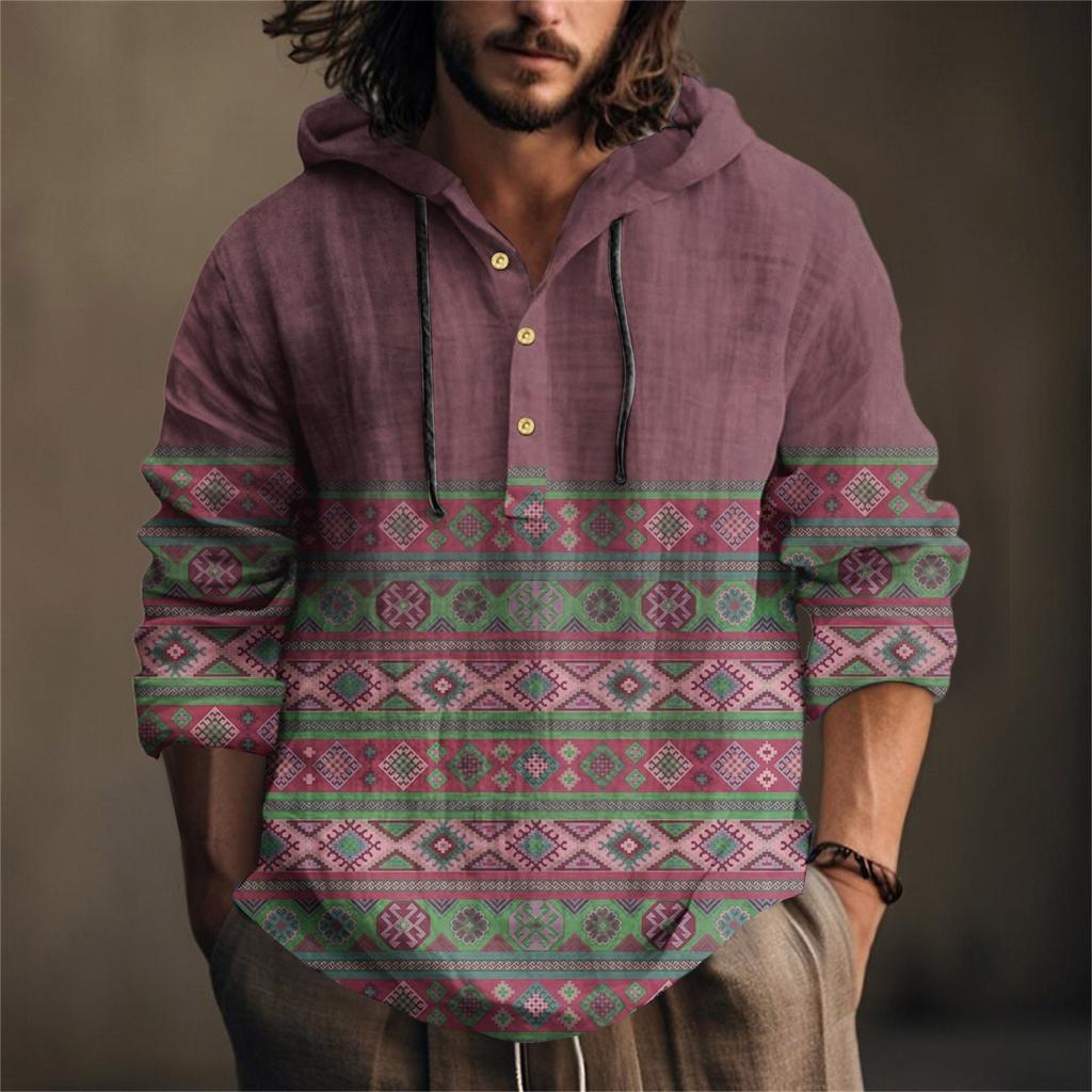 Printed Men's Cotton And Linen Shirt Hooded Long-sleeved Hooded Spring And Summer Casual Daily Wear