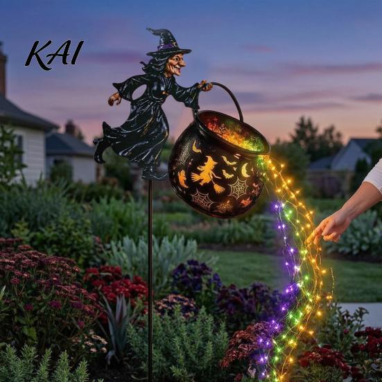 Colorful Flowing Water Light Effect Halloween Witch Cauldron Garden Light, Metal Yard Stake with LED String Outdoor Decorations Lights, Waterproof Pot