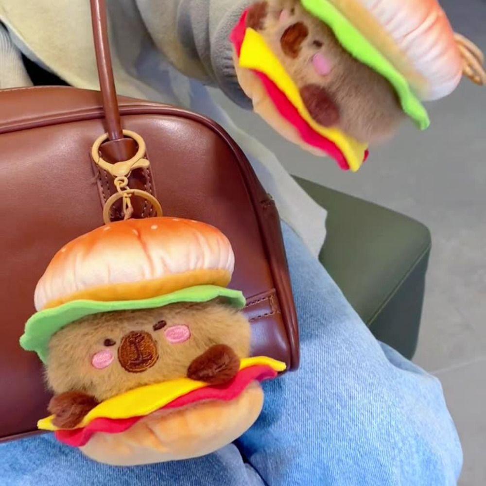 Cheese Plush Toy Keychain Soft Doll Pendant Creative Capybara Burger Keychain  Decorations