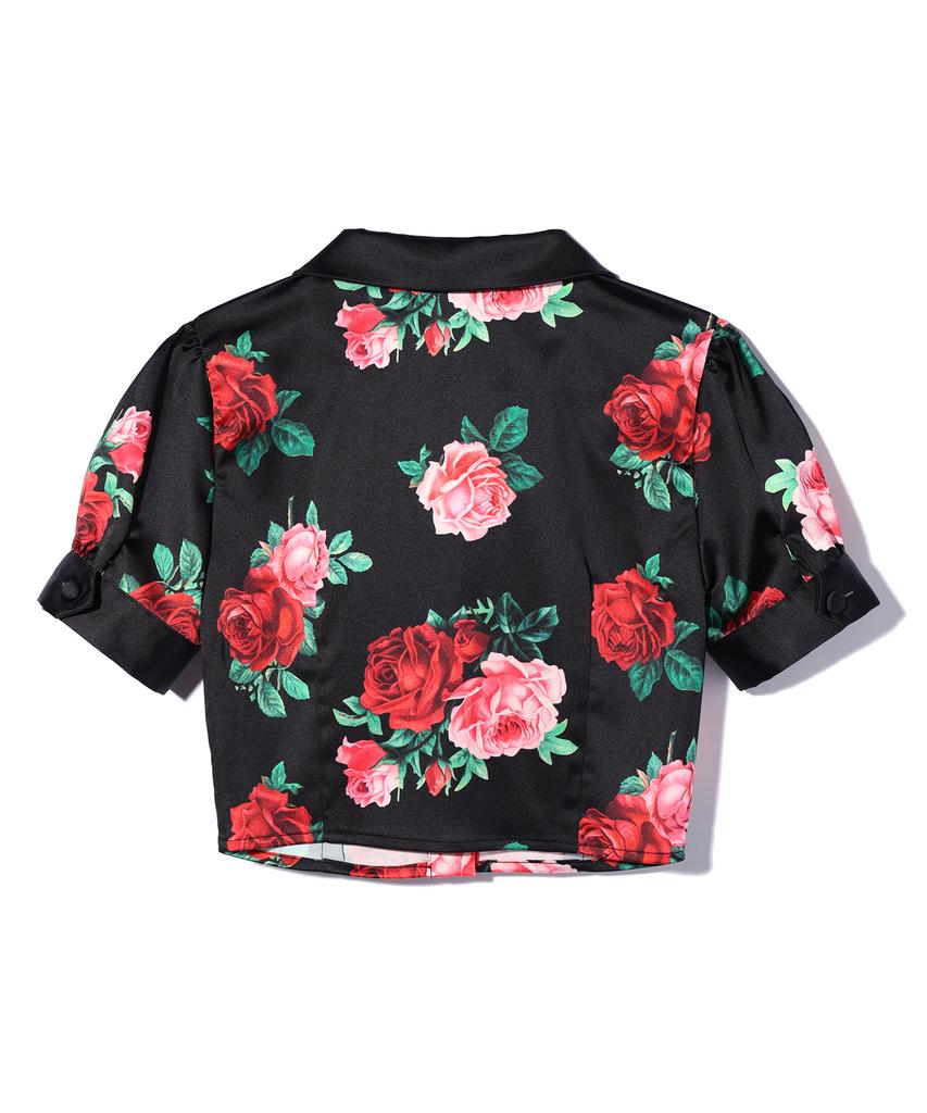 YOUHEE Satin Flower Pattern Blouse Black