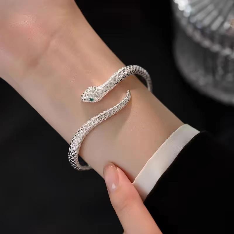 Серебряный браслет-обертка в виде змеи - Женский роскошный браслет-бенгл в виде змеи-духа с красными глазами, Универсальный и преувеличенный дизайн цепи