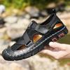 Breathable Mens Sandals Handmade Leather Male Summer Shoes Outdoor Walking Beach Flats Cool Mesh Sneakers Non-Slip Men Sandalias