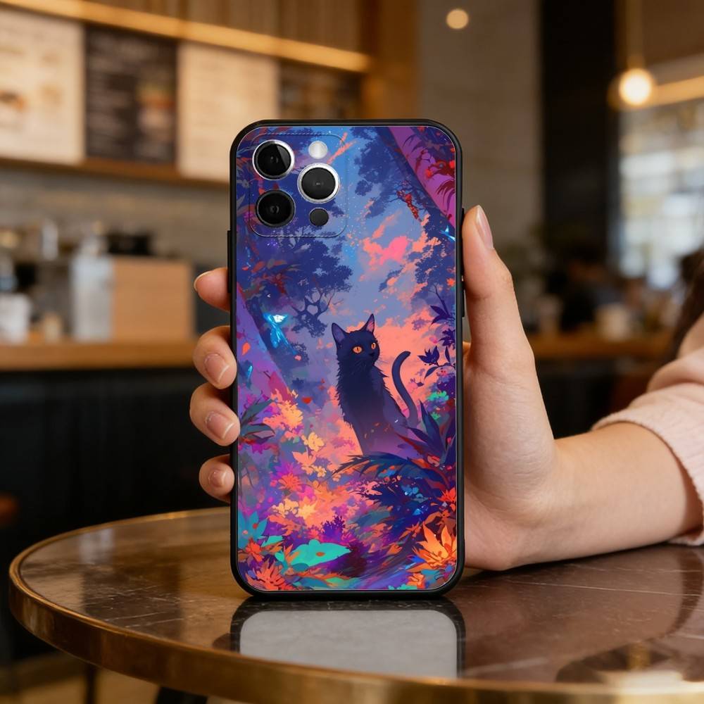 Мультяшный Чехол-Кот A-Art для Телефона iPhone 17,16,15,14,13,12,11 Plus,Pro Max, Мягкий Силиконовый Черный Чехол