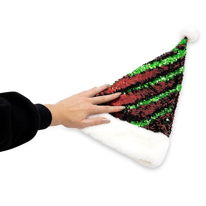Color-Changing Flip Sequin Santa Hat — Reversible RedGreen “Magic Flip” Sequins, White Fur Trim — Festive Christmas Cap