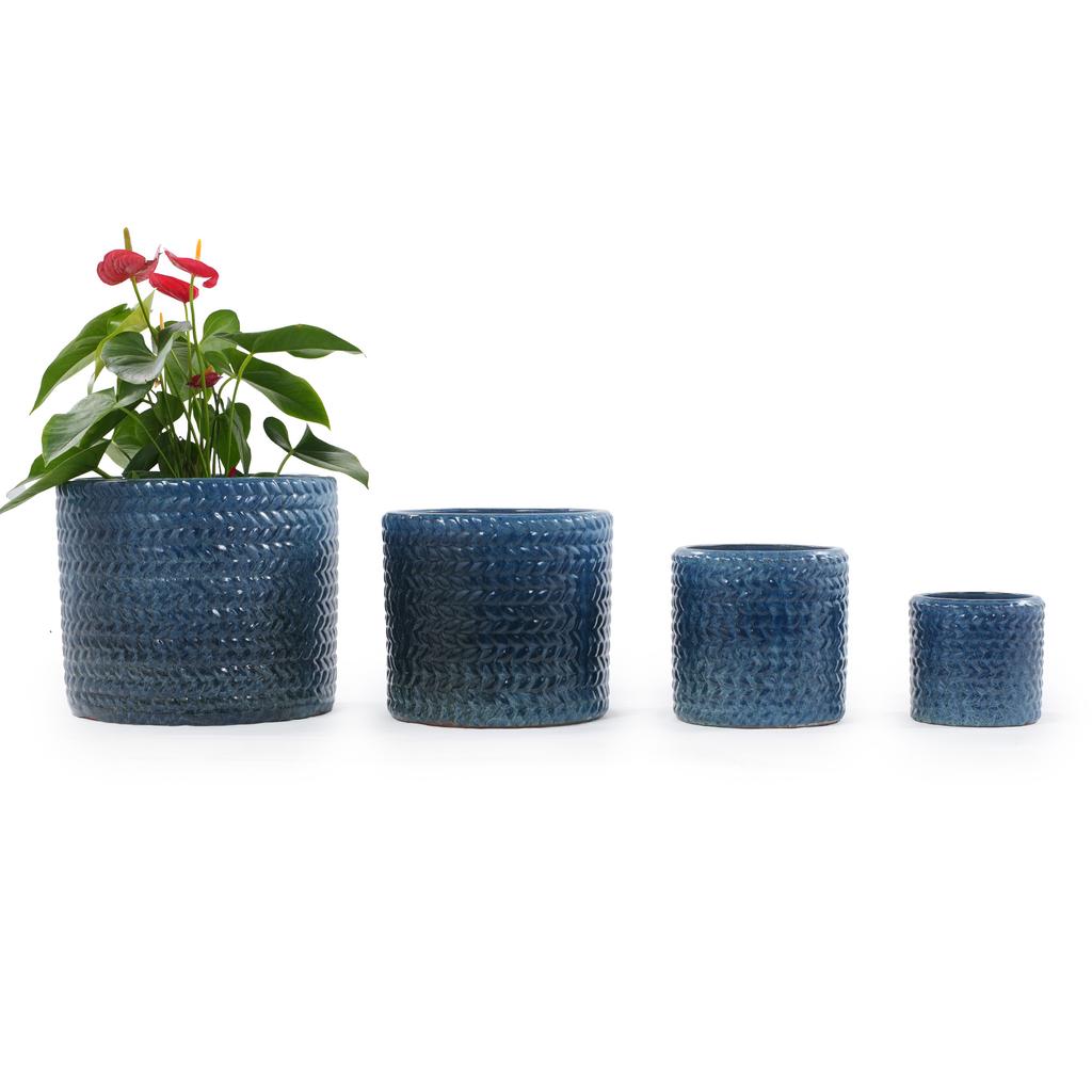 Mini single ceramic plant pot diameter 17.5 cm, glossy dark blue with herringbone relief, breathable with drainage hole for succulents & desk herbs