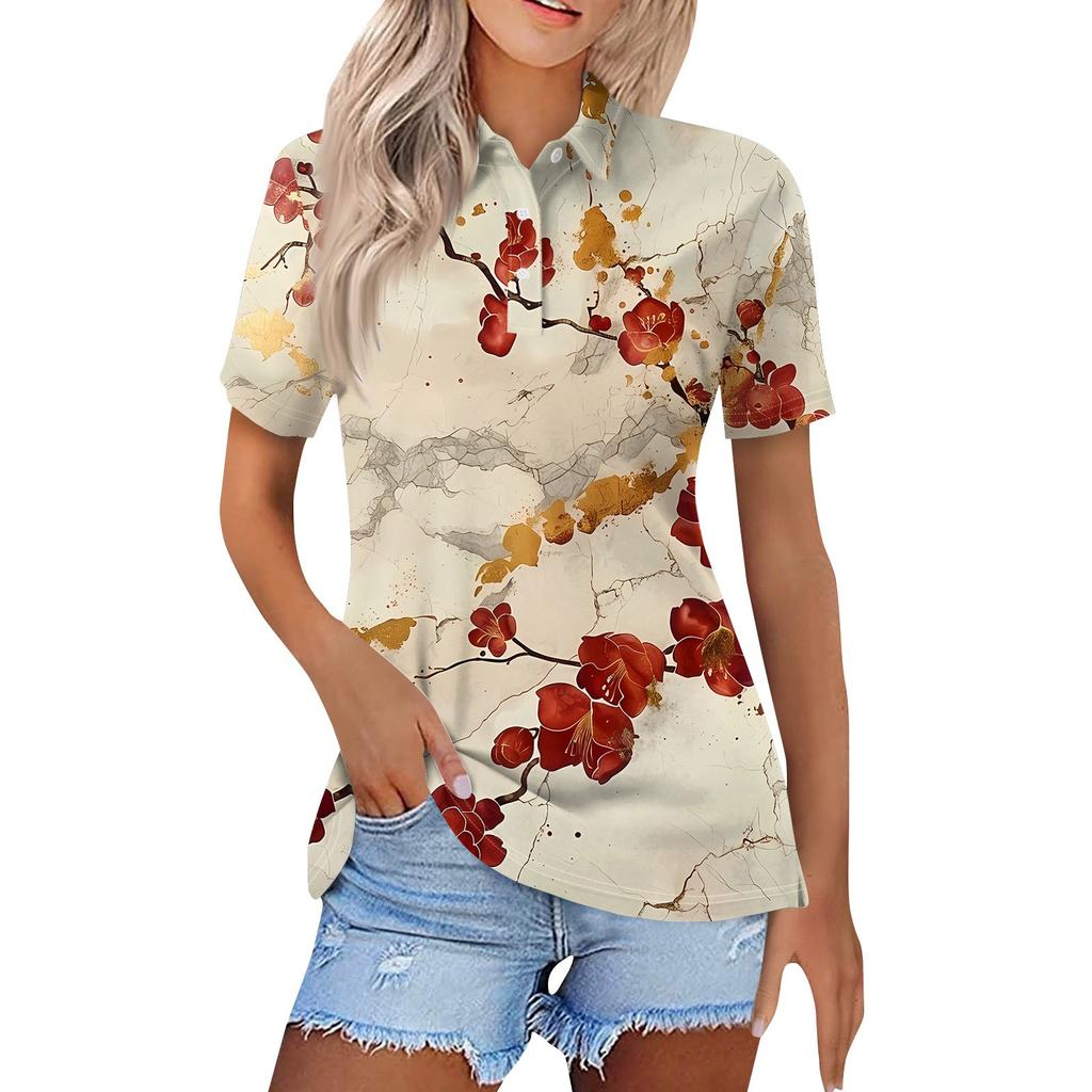 Женская модная повседневная рубашка с отворотом и коротким рукавом с принтом, женские топы на пуговицах
