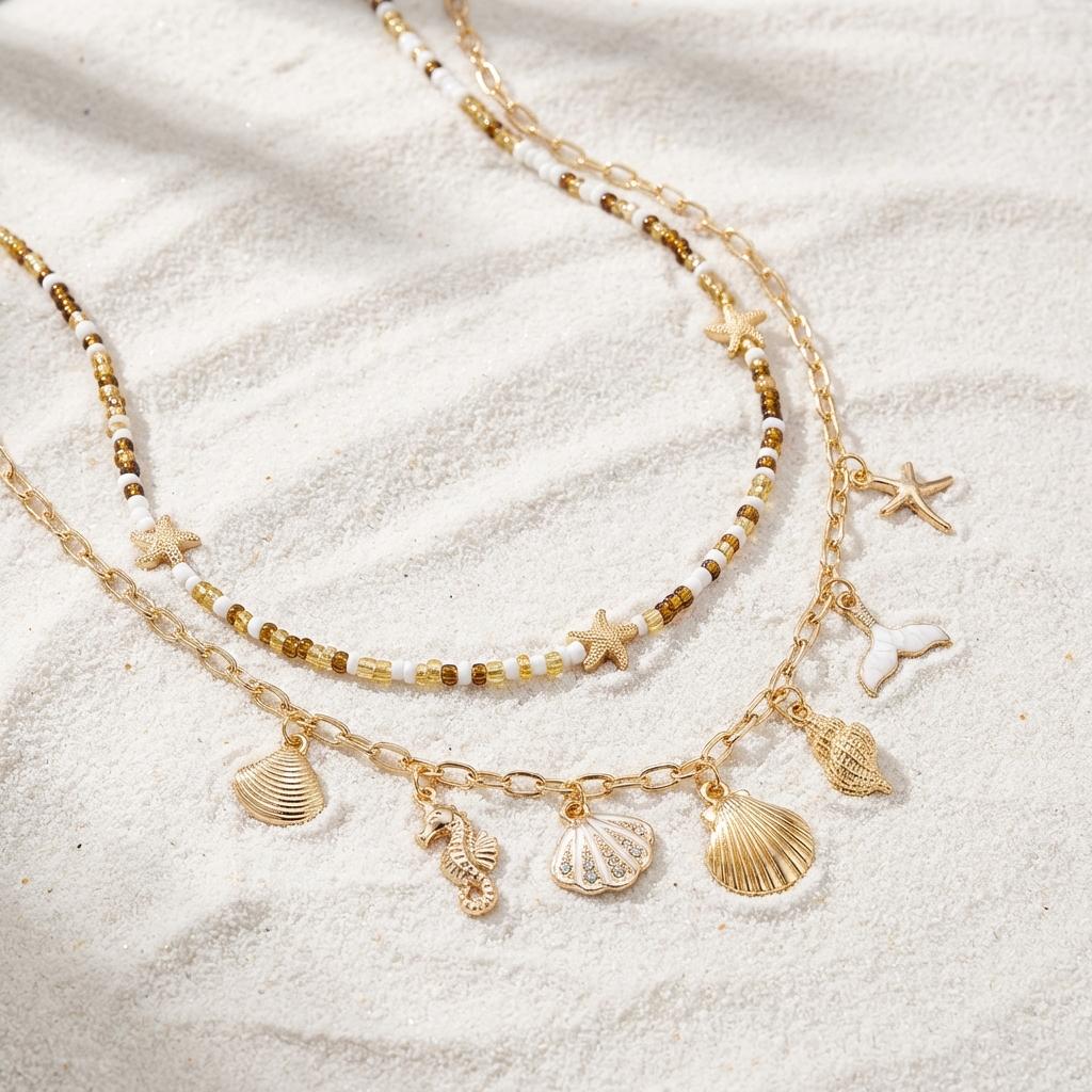 2pcs Bohemian Rice Beads Starfish Pendant Necklace Set for Women Seahorse Conch Fish Tail Clavicle Chain Summer Beach Jewelry