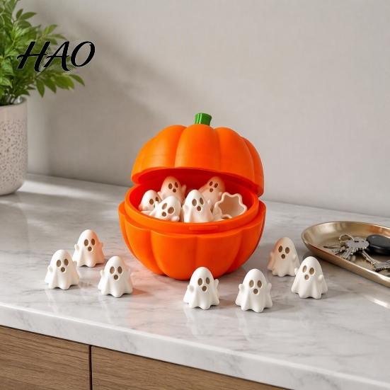 Pumpkin Storage Organizer Halloween Box with 20 Mini Ghosts, for Candy & Treat, Container Lid Trick or Treat Holiday Party Ghost Figurines