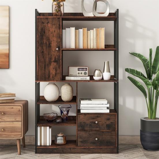 Bookcase, 6 Shelf Bookcase with Doors And Drawers Floor To Ceiling Bookcase, Industrial Bookcase, Steel Shelf,