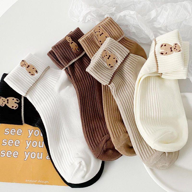 Хлопковые носки с вышитым медведем, дезодорирующие носки, женские длинные носки для средней школы, милые японские длинные носки