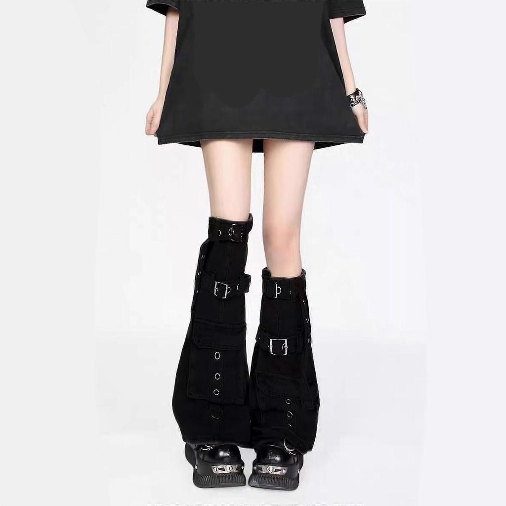Cargo Denims Leg Sleeves with Buckled Strap for Women Harajuku Punk Leg Warmer Boot Cover Over Knee Flared Stockings  Black