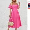 Women's Off Shoulder Puff Short Sleeve Pleated High Waist Summer Solid Color Dress