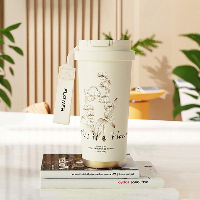 Van Gogh Inspired Insulated Stainless Steel Travel Mug Women Double Drink Cup With Tea Strainer Floral Design Gift