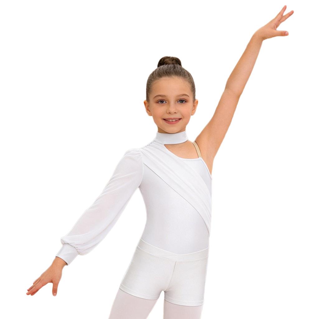 Girls One Shoulder Long Sleeve Ruched Mesh Leotard Figure Skating Gymnastics Outfit