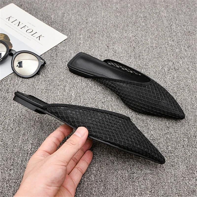 Fashion Women's Pointed Toe Slippers 2025 Summer Designer Mesh Beach Flat Shoes Slides Outside Mules Gladiator Sandals Zapatos De Mujer