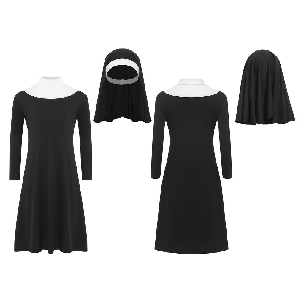 Girls Nun Halloween Costume Long Sleeve Contrast Color Stretch Dress Matching Nun Hat Accessory Set