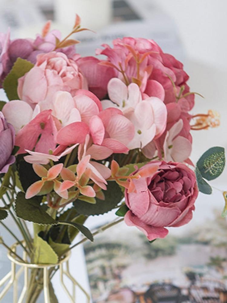 2 пучка искусственных цветов пиона, ретро шелковая роза, гортензия, винтажный свадебный букет, домашнее свадебное украшение, искусственный цветок